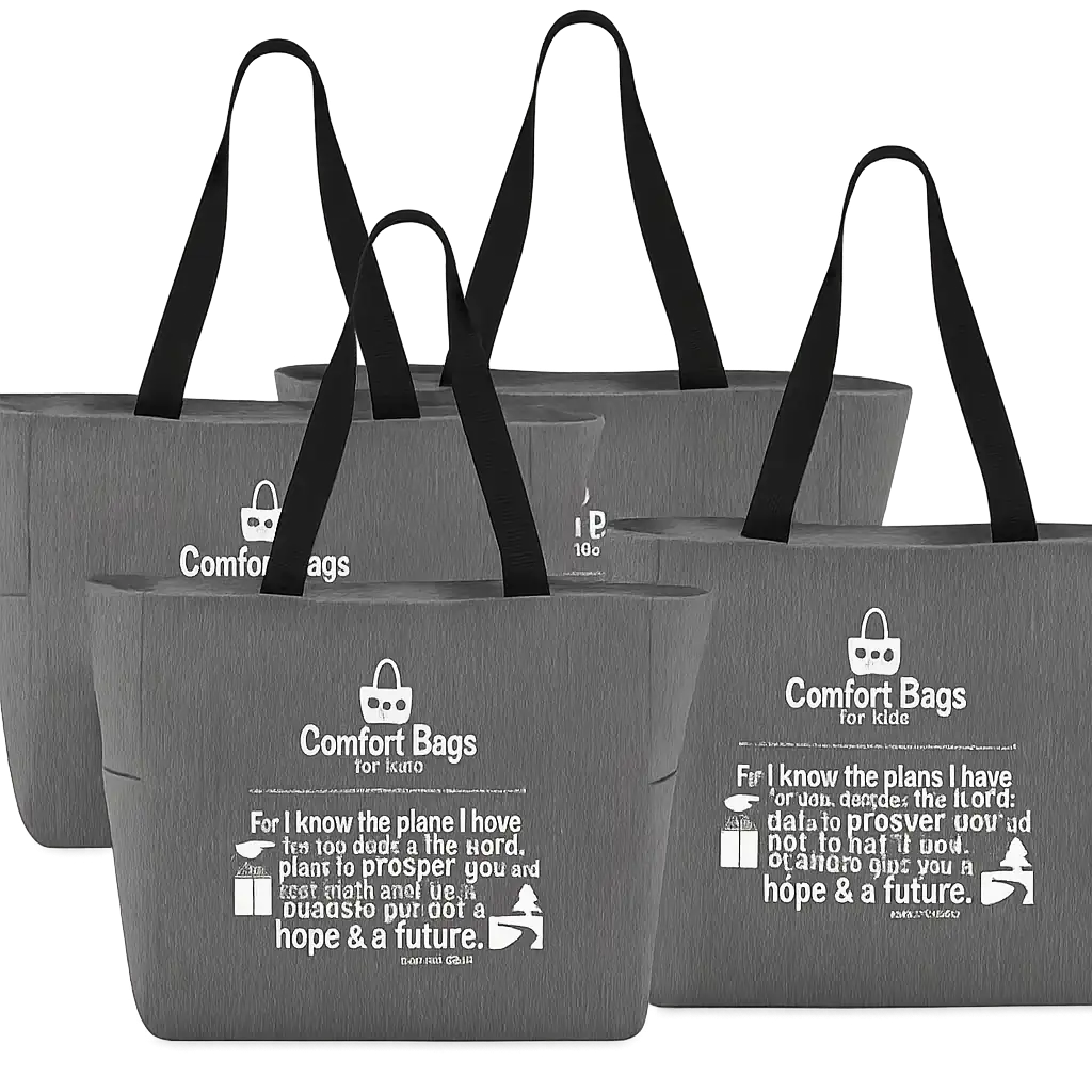 Four gray Comfort Bags for Kids tote bags featuring the Jeremiah 29:11 verse, displayed together to represent faith, hope, and community care.