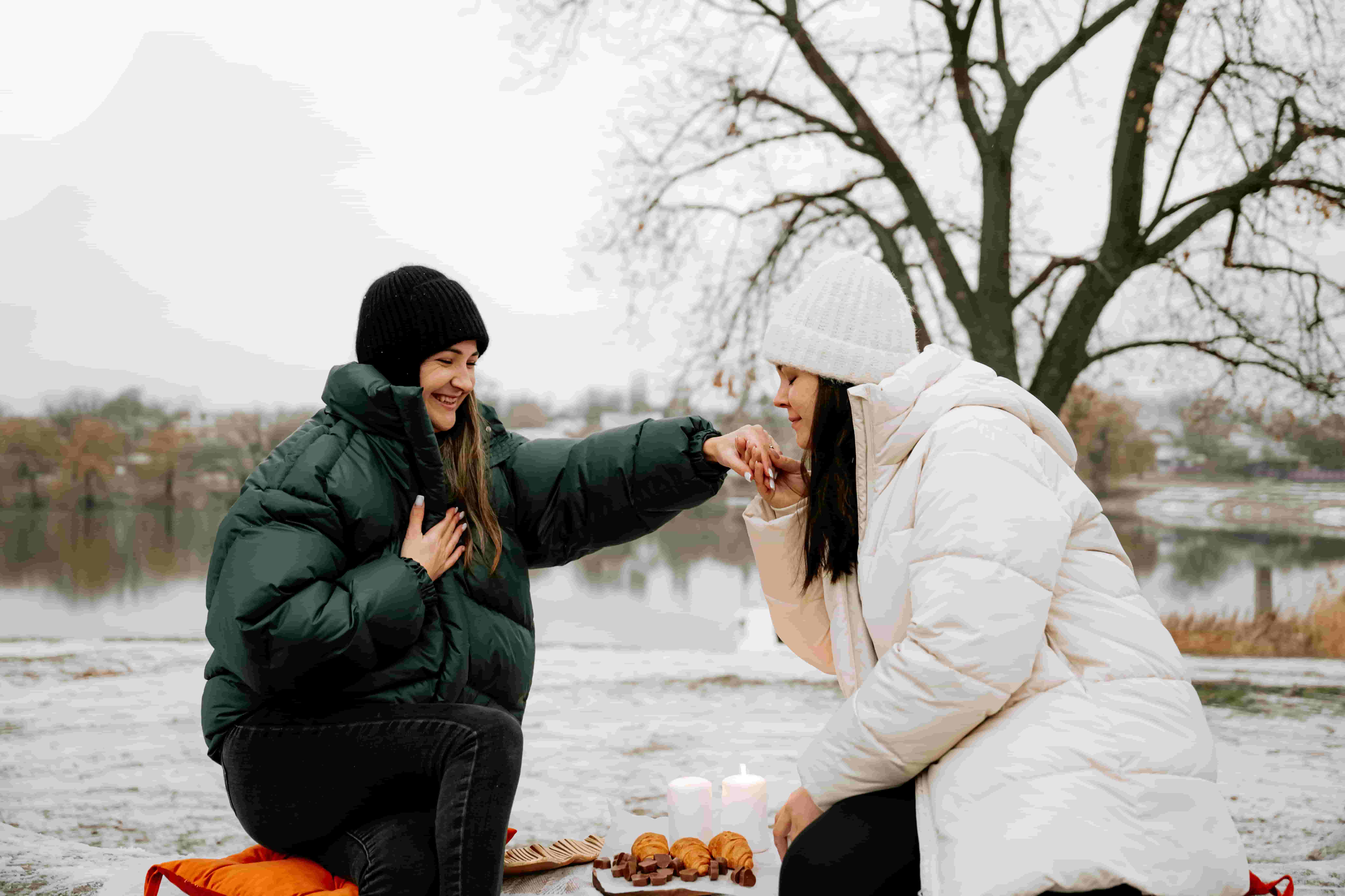 Couple having a romantic picnic in winter