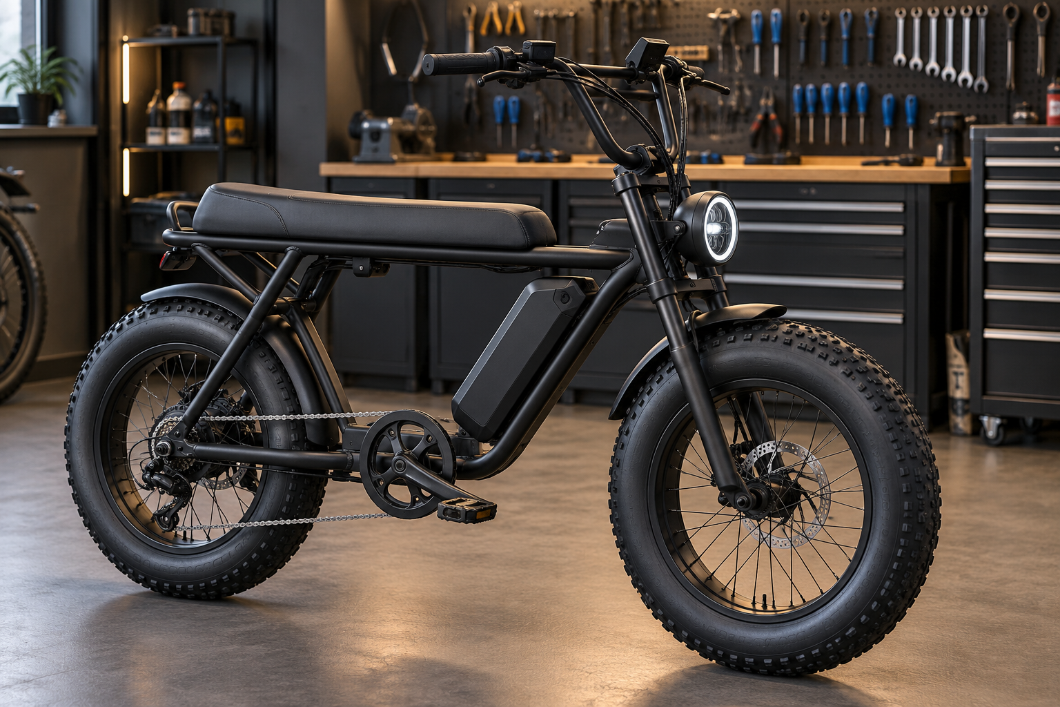 Illustratief sfeerbeeld van een zwarte fatbike met brede banden in een werkplaats