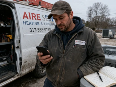 HVAC technician checking phone beside service van