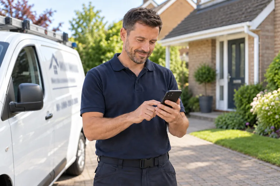 Residential-service professional standing beside a parked van, checking a request on his phone.