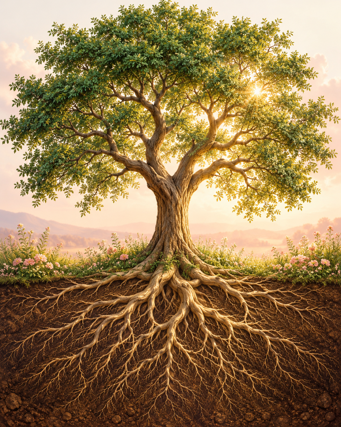 A flourishing tree in warm golden light, with deep roots spreading through the earth