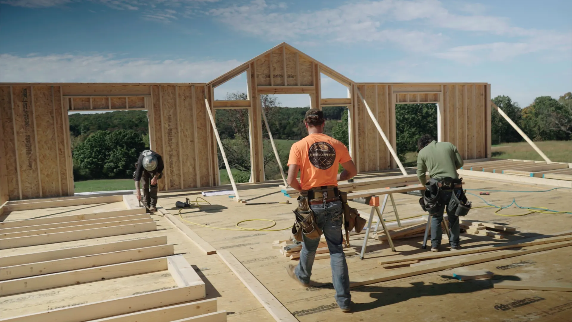 Aurora Carpentry crew framing a gable wall on a new home in Union, MO