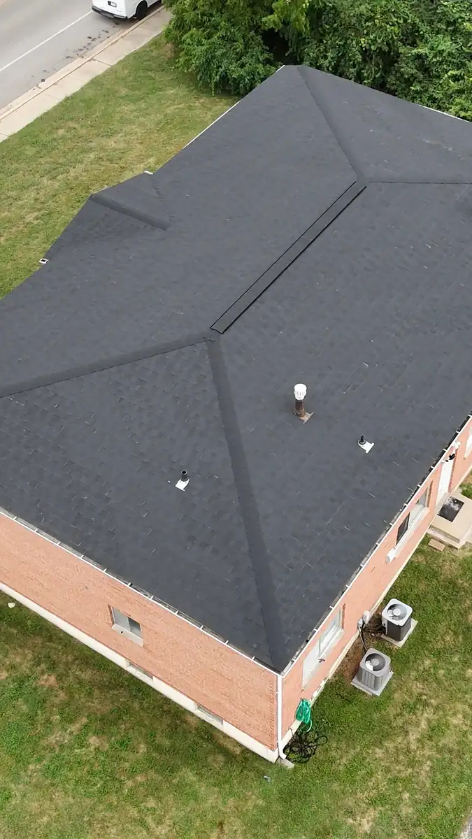 Drone aerial of a finished shingle roof installed by Aurora Carpentry for roofing in Union, MO