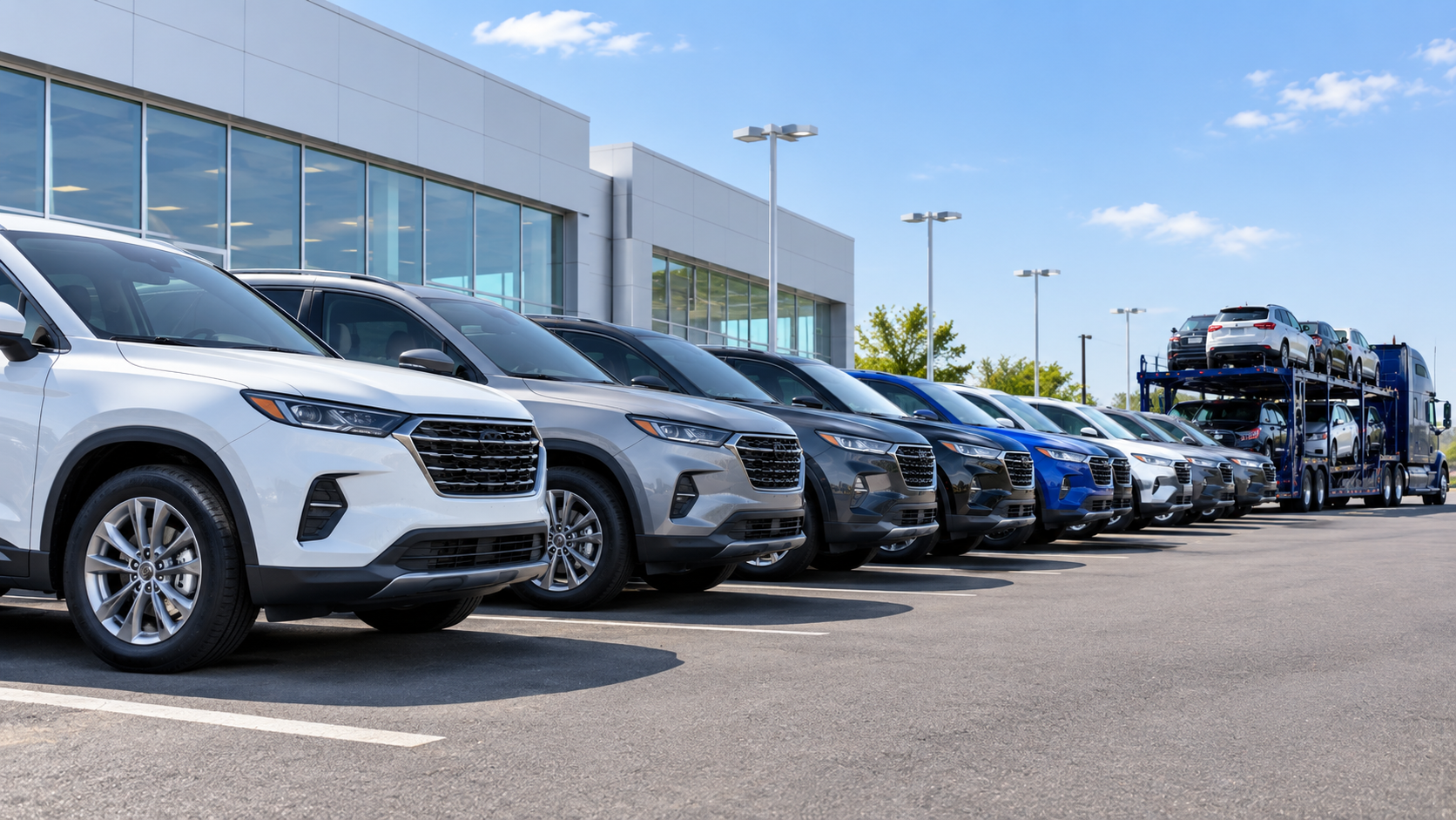 Row of new vehicles on a dealership lot ready for transport