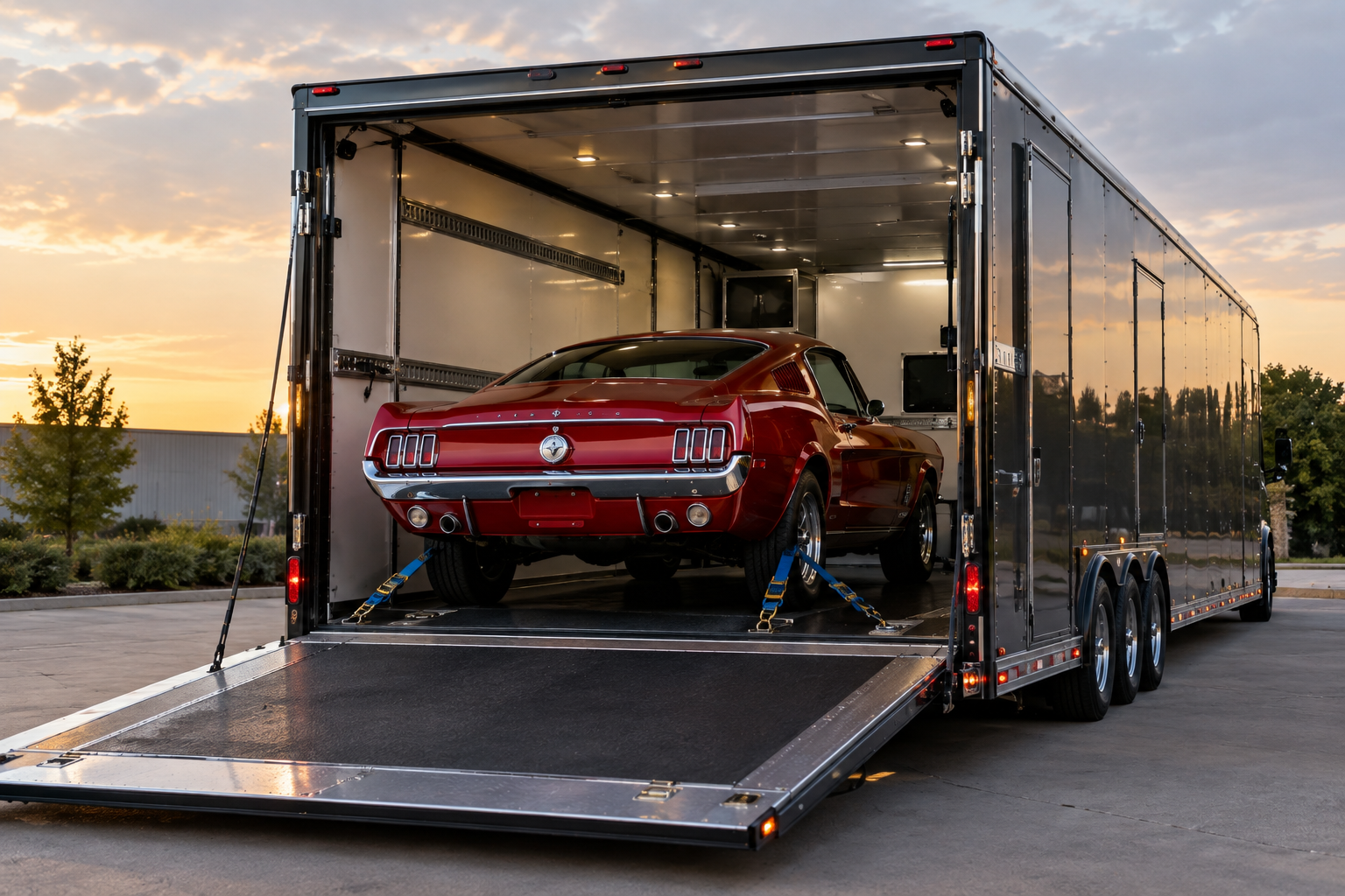 Classic car being loaded into an enclosed transport trailer