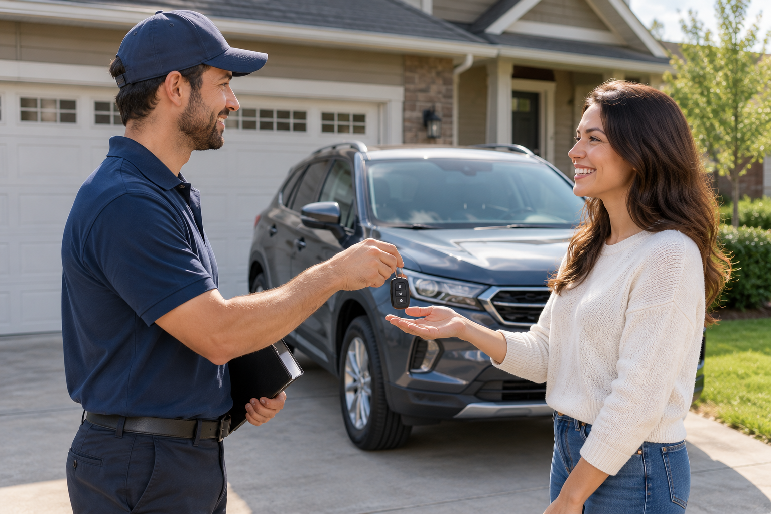 Driver handing car keys to an owner at their home