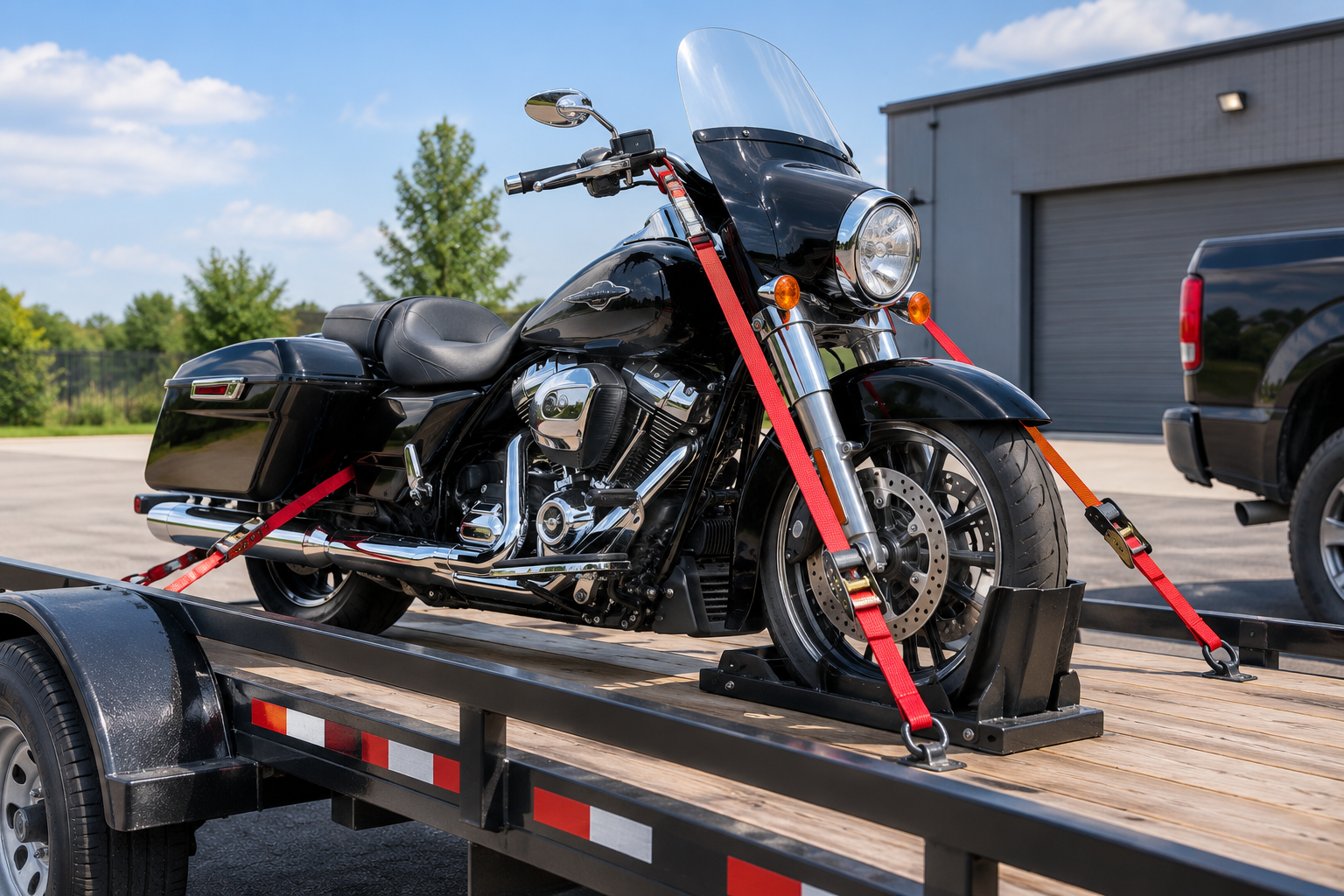 Motorcycle strapped onto a trailer for transport
