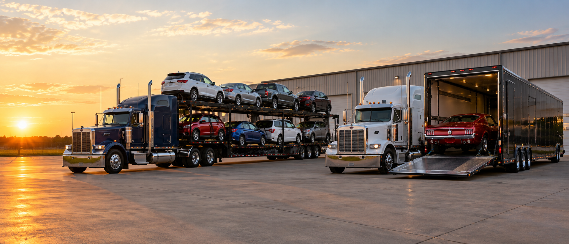 Range of American Auto Dispatch auto transport services: an open car carrier and an enclosed trailer at a depot