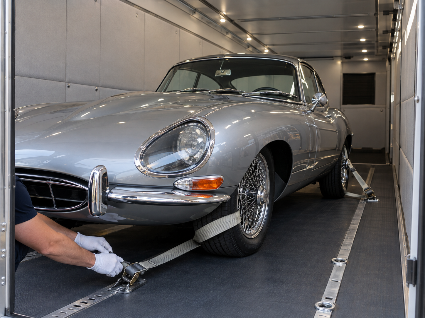 Classic sports car secured with soft straps inside an enclosed transport trailer