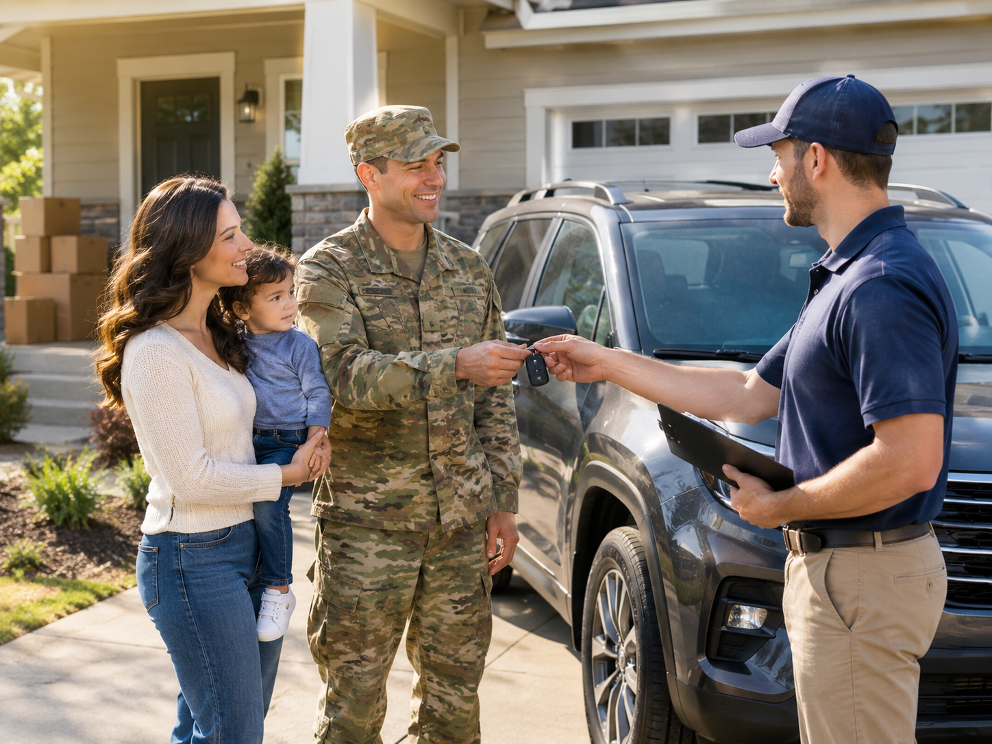 Military family handing car keys to a transport driver before a PCS move