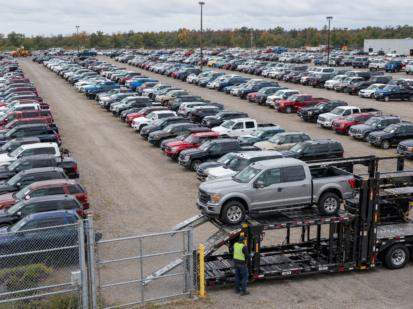 Vehicles in an auction yard being loaded onto a car carrier