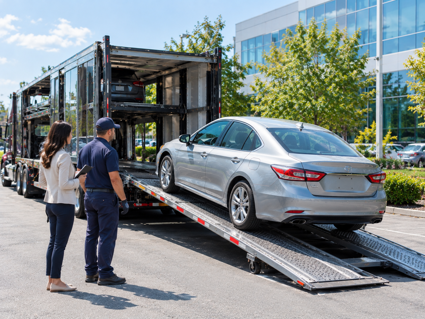 Employee vehicle being loaded onto a carrier for a corporate relocation