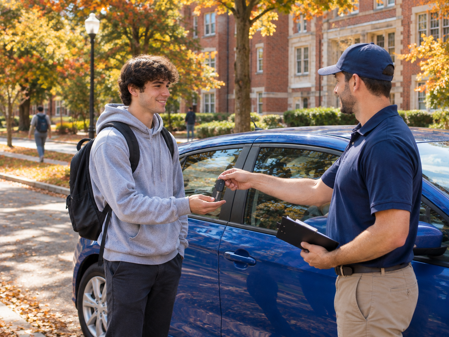 College student receiving their car on campus