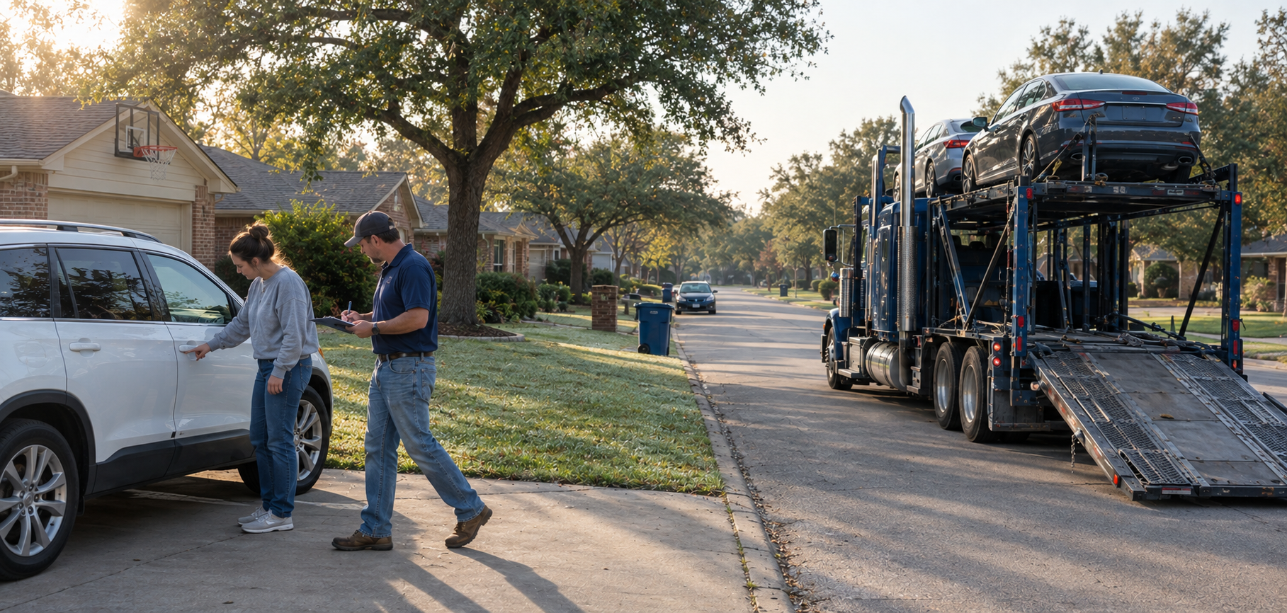 Car shipping process by American Auto Dispatch: a driver inspecting a customer's SUV at pickup beside a car carrier
