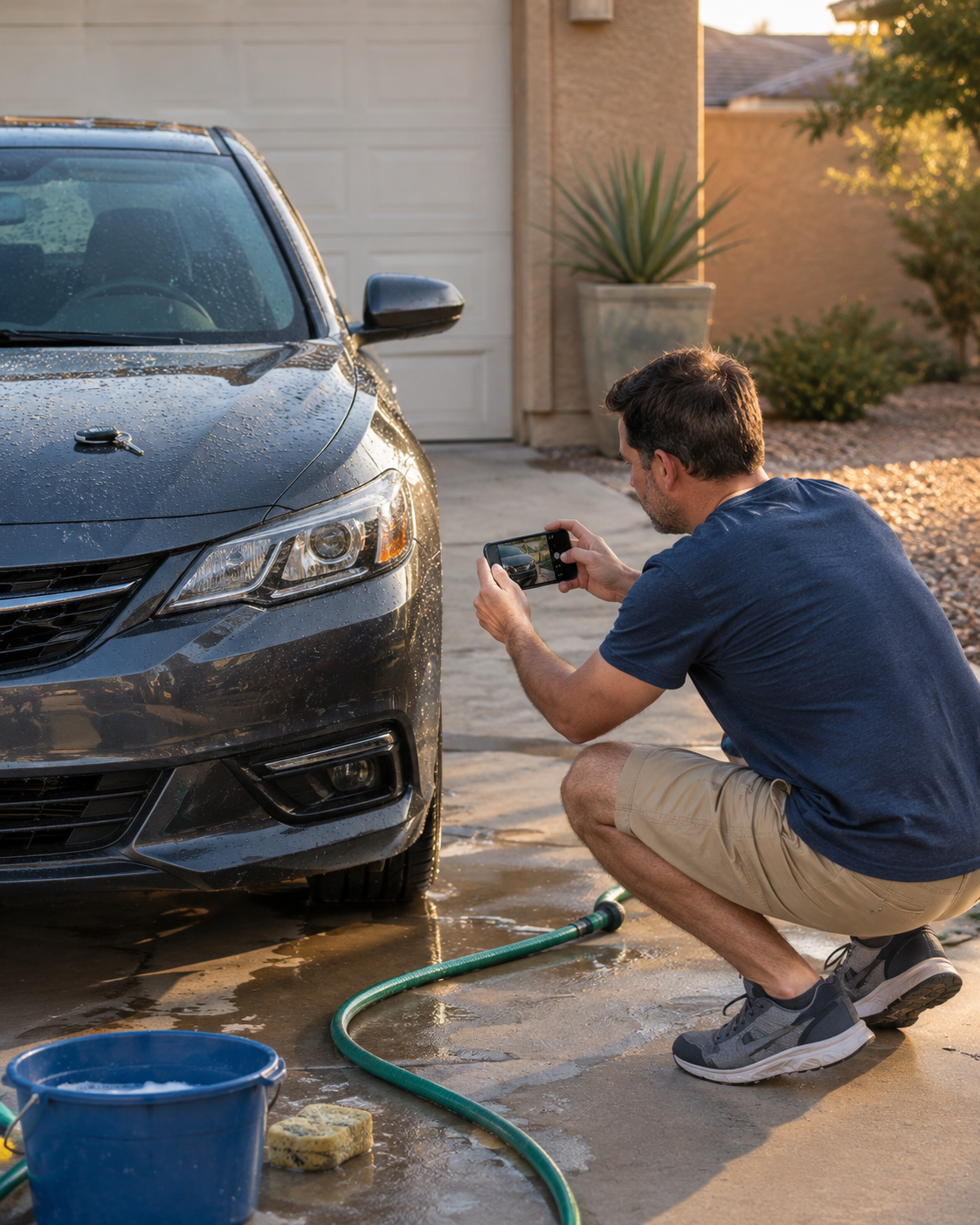 Owner photographing their car before pickup to record its condition
