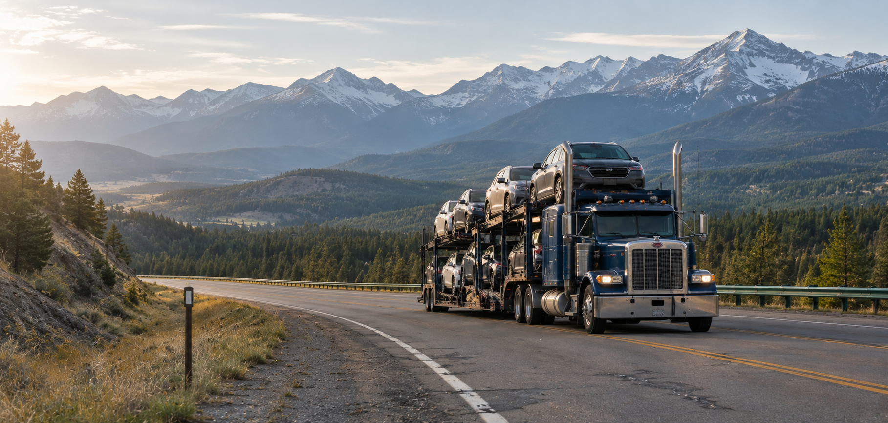 Car carrier on a mountain interstate at sunrise, shipping vehicles nationwide