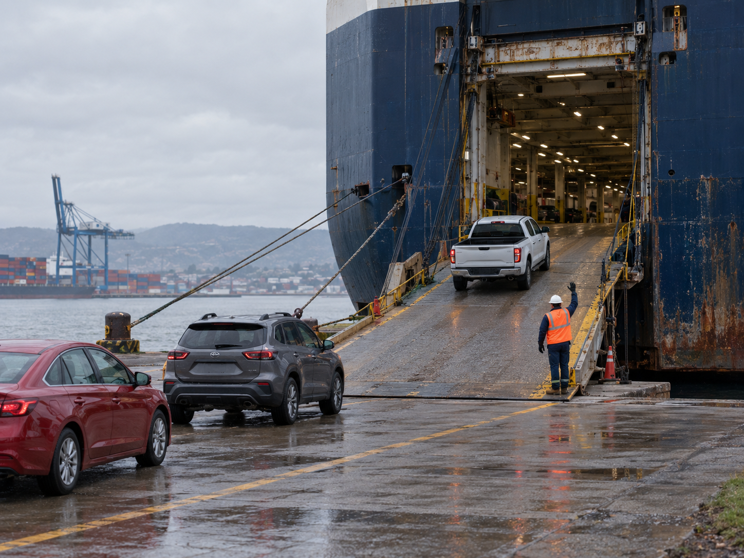 Vehicles being driven aboard a roll-on roll-off ship for shipping to Hawaii or Alaska
