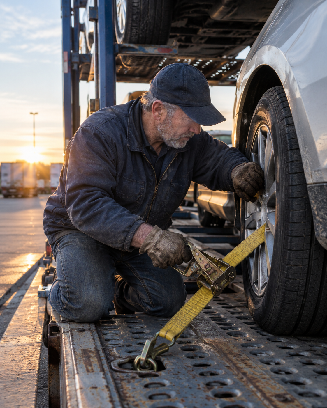 Car carrier driver securing a vehicle with a wheel strap at sunrise