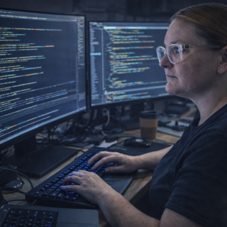 focused coder working on computers in a blue lit office