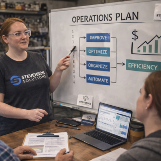consultant presenting operations strategy in a warehouse
