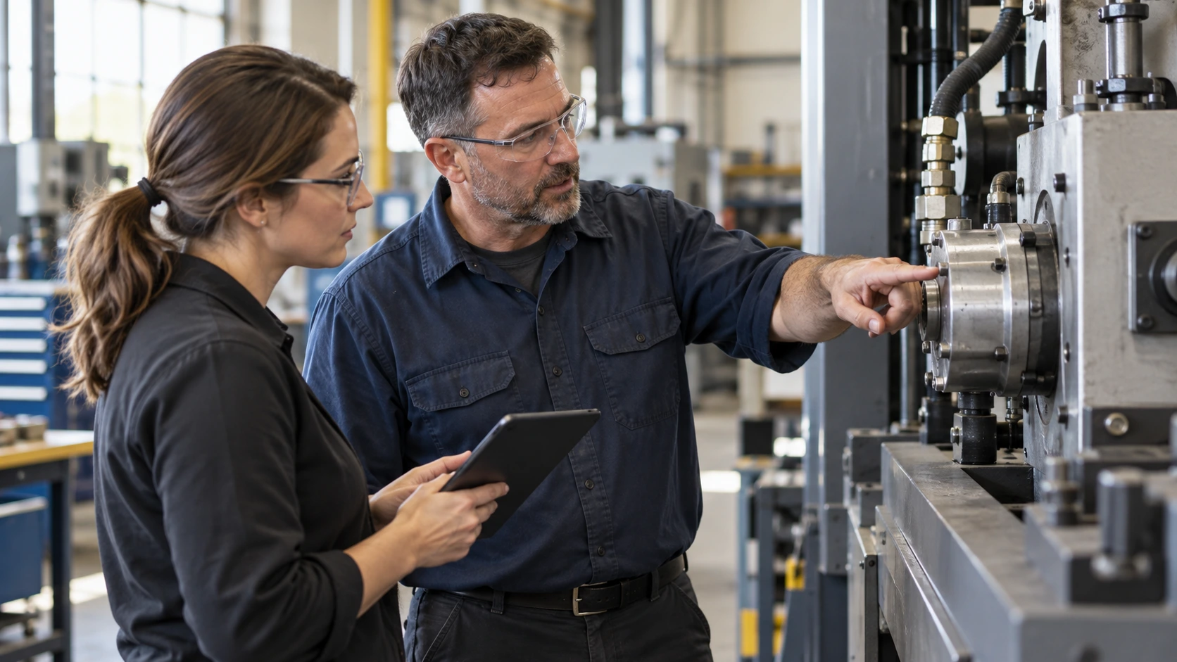 Technical expert explains equipment while a content lead captures the expertise for publication