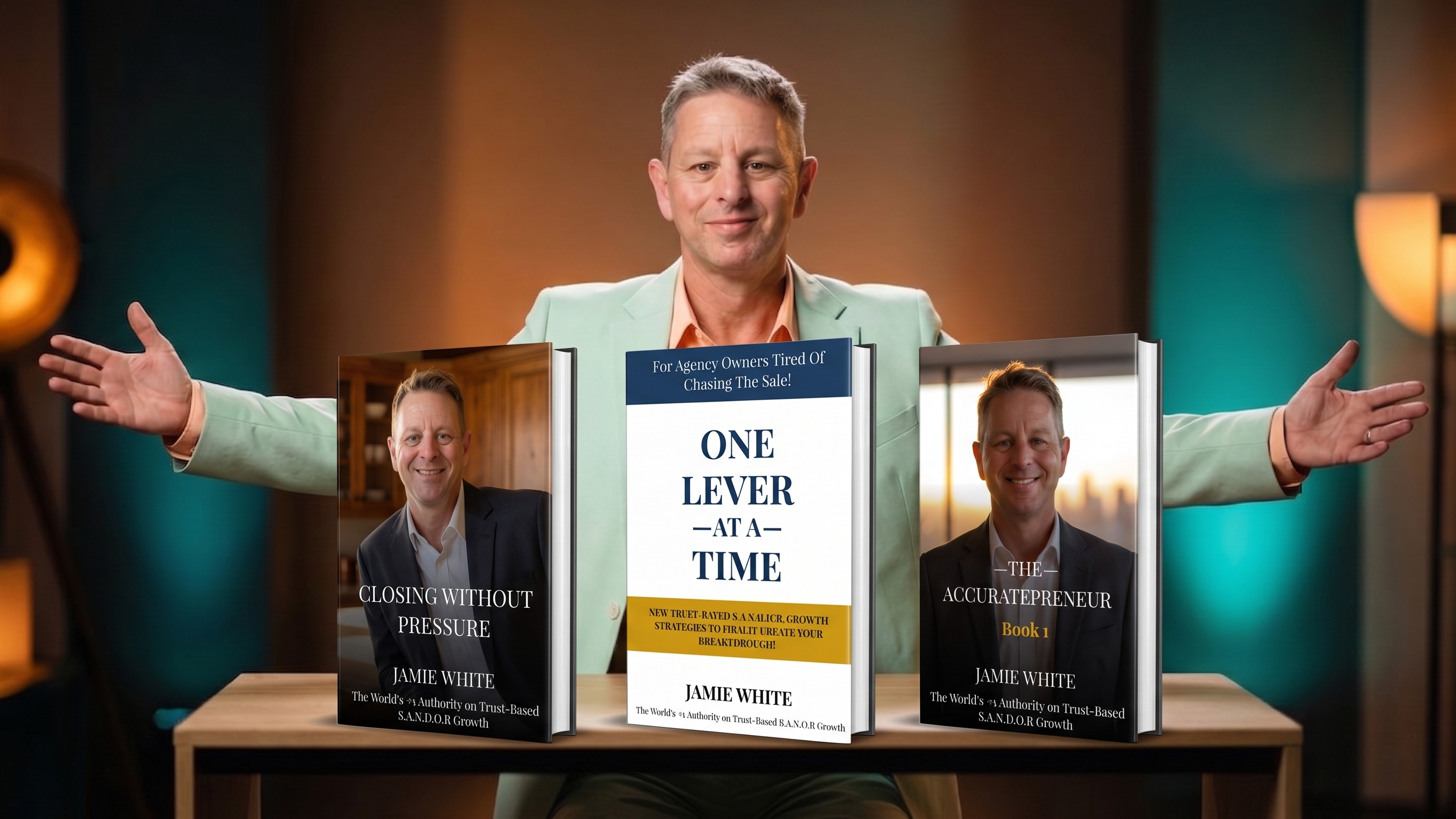 Jamie White presenting three books: Closing Without Pressure, One Lever At A Time, and The Accuratepreneur
