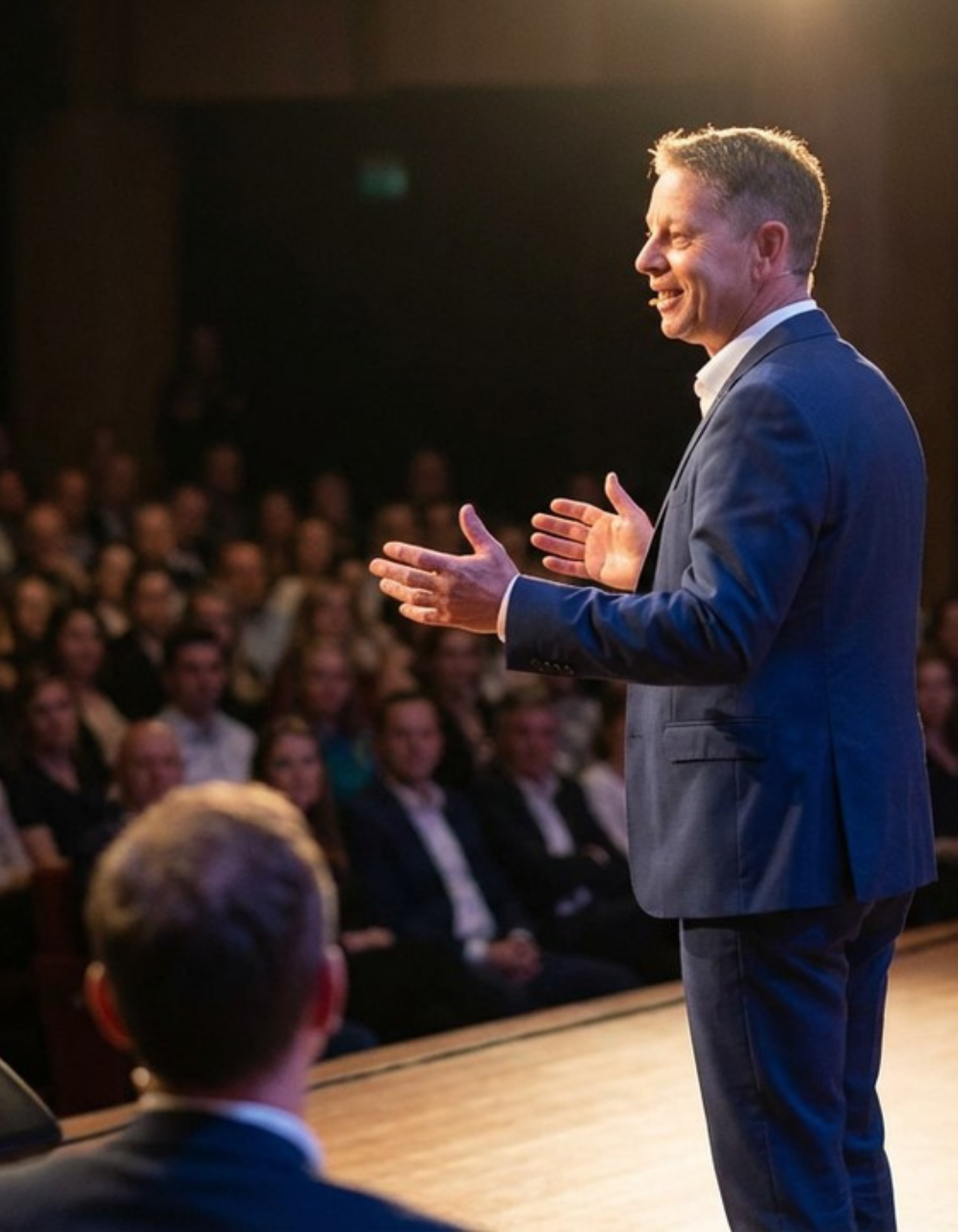 Jamie White speaking on stage