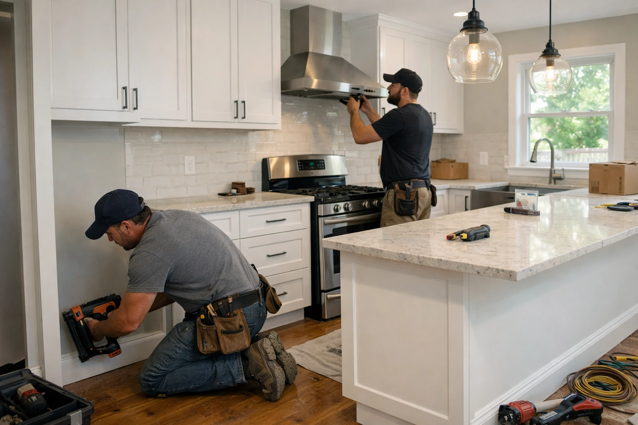 Remodeling contractors installing cabinetry and a range hood during an active residential kitchen renovation.
