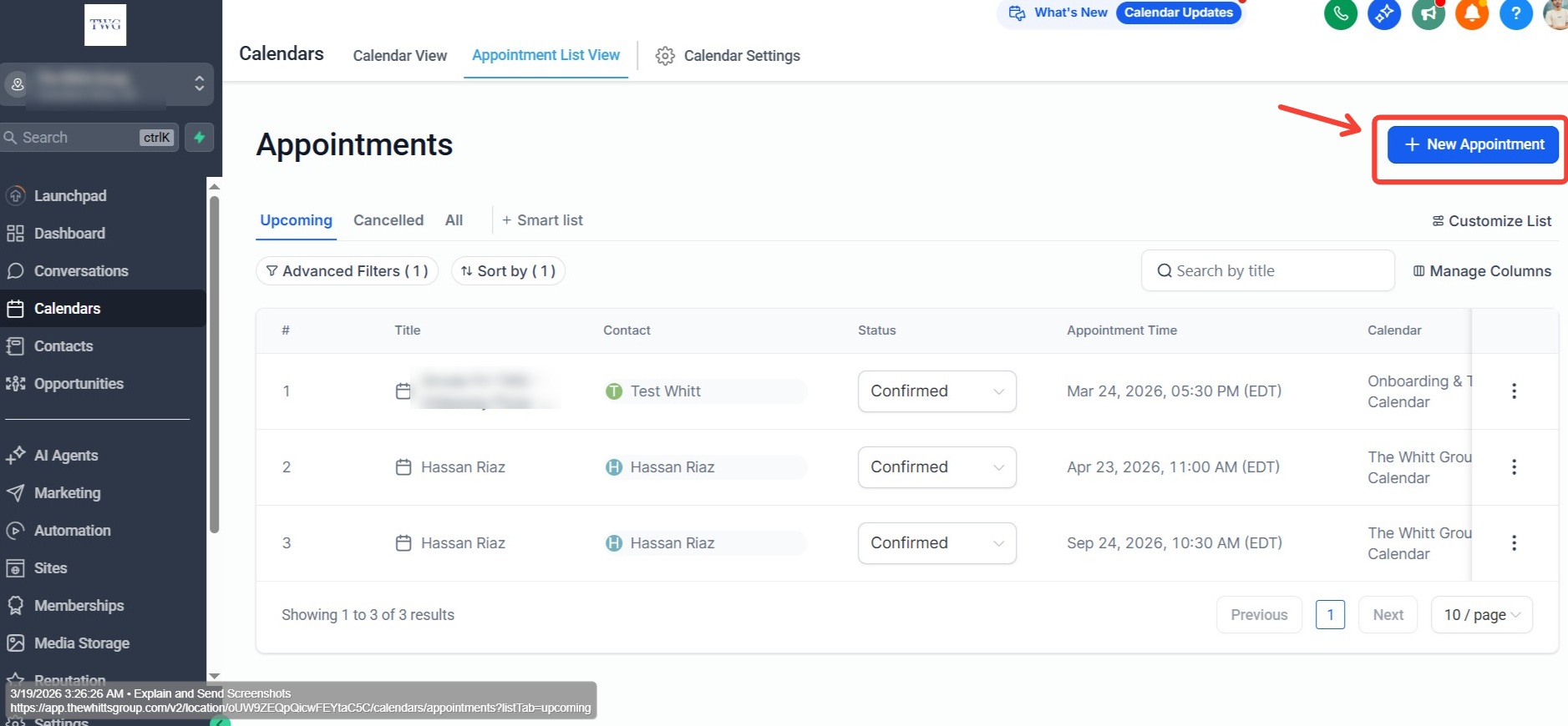New Appointment Button — Desktop Screenshot