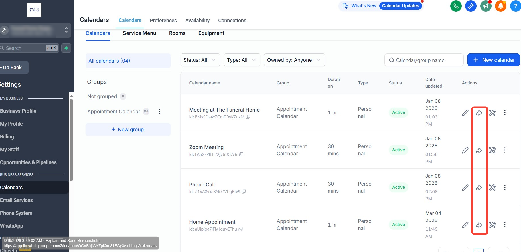 Calendar Settings — Booking Link Screenshot