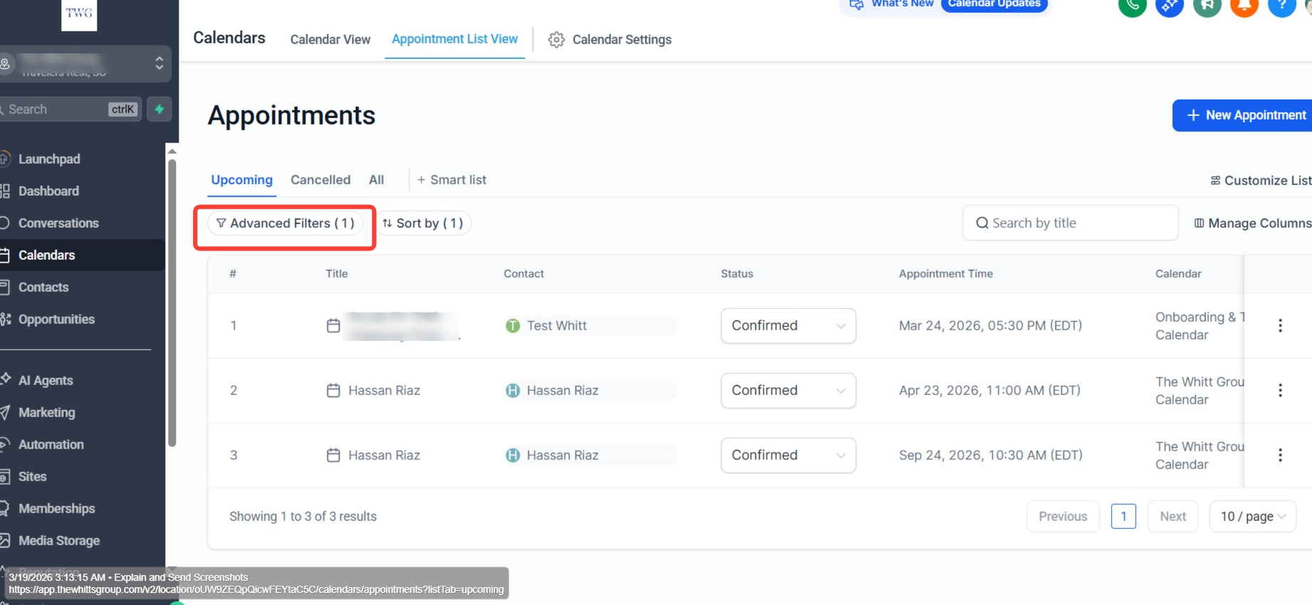 Appointment List View — Desktop Screenshot