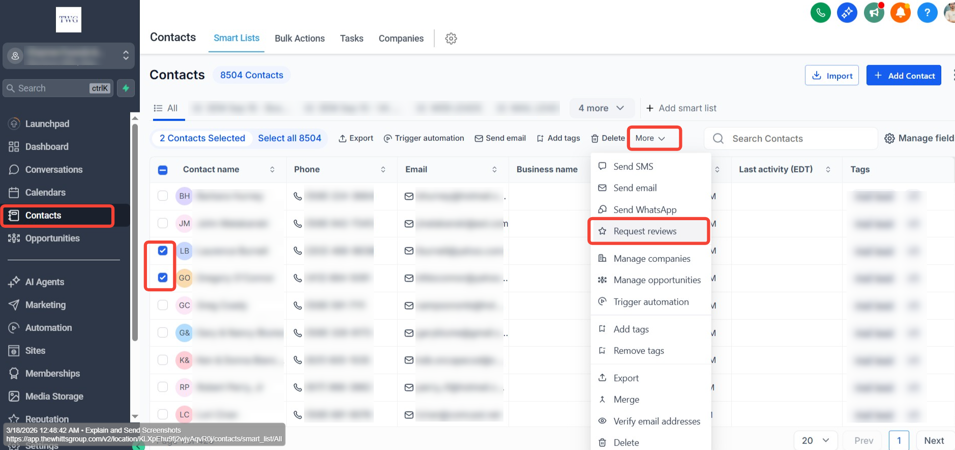 Request Reviews Bulk Action — Desktop Screenshot