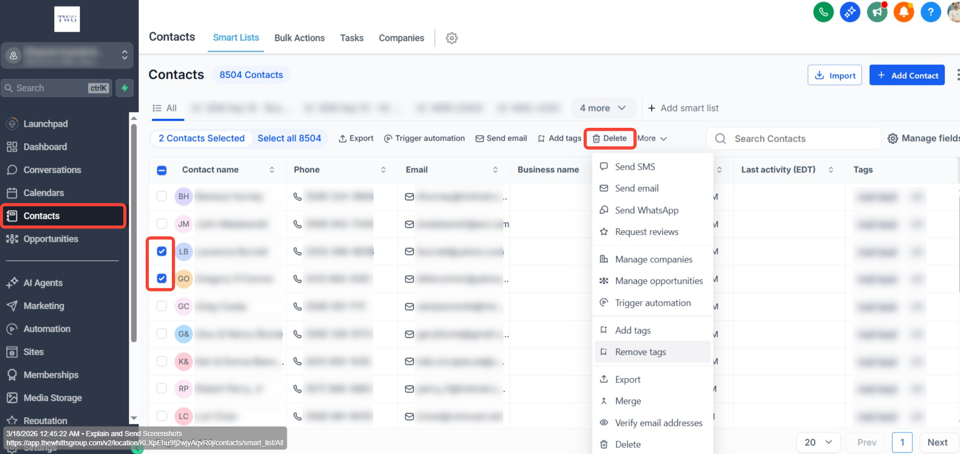 Delete Contacts Bulk Action — Desktop Screenshot