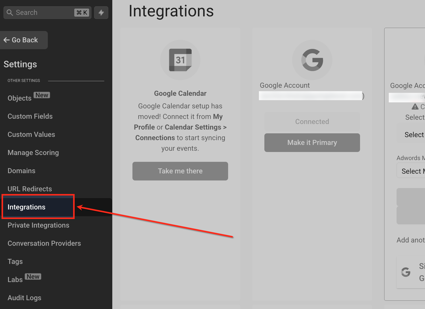 Integrations Menu — Desktop Screenshot