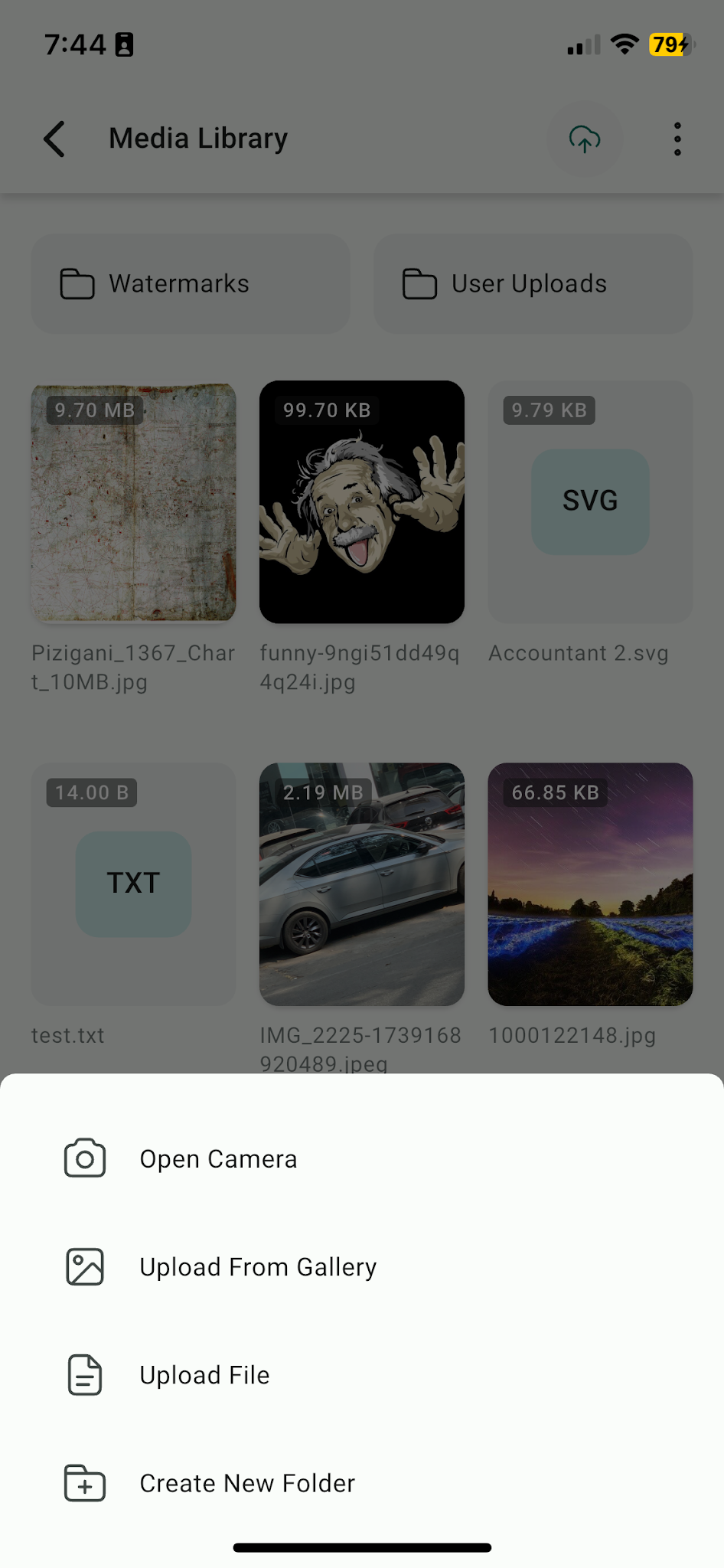 Media Library Upload Mobile Screenshot
