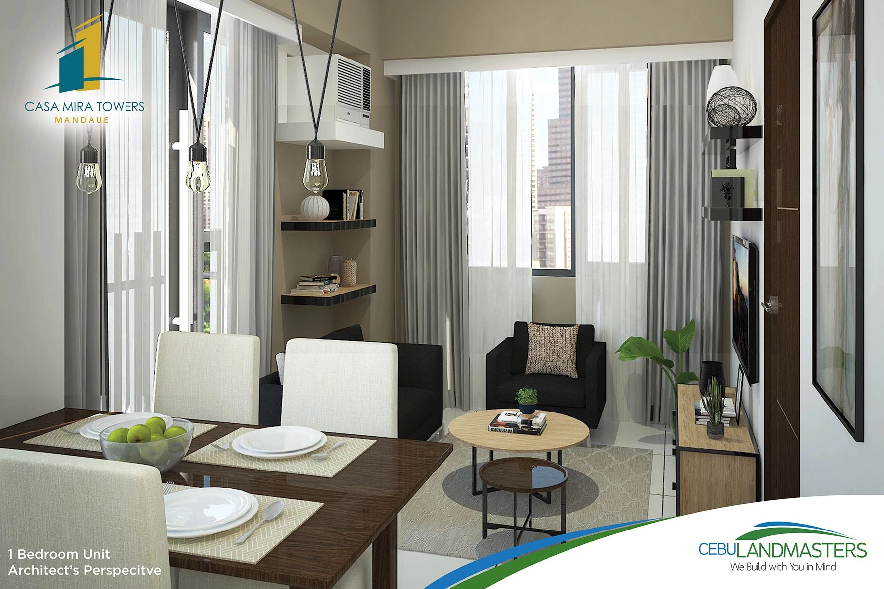 One-bedroom condominium interior architectural perspective