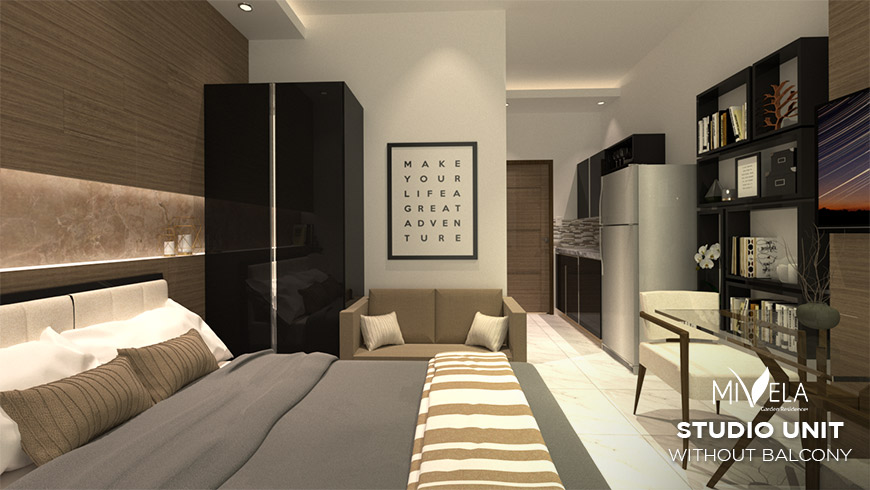 Architectural perspective of a Mivela Garden Residences studio unit without balcony
