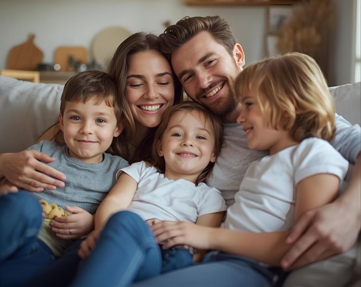 Happy family together on couch