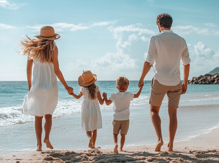 Family walking on beach