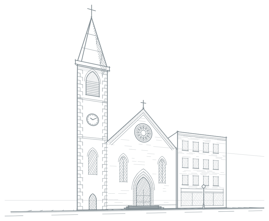 An old church on a city street, a plain brick block beside it