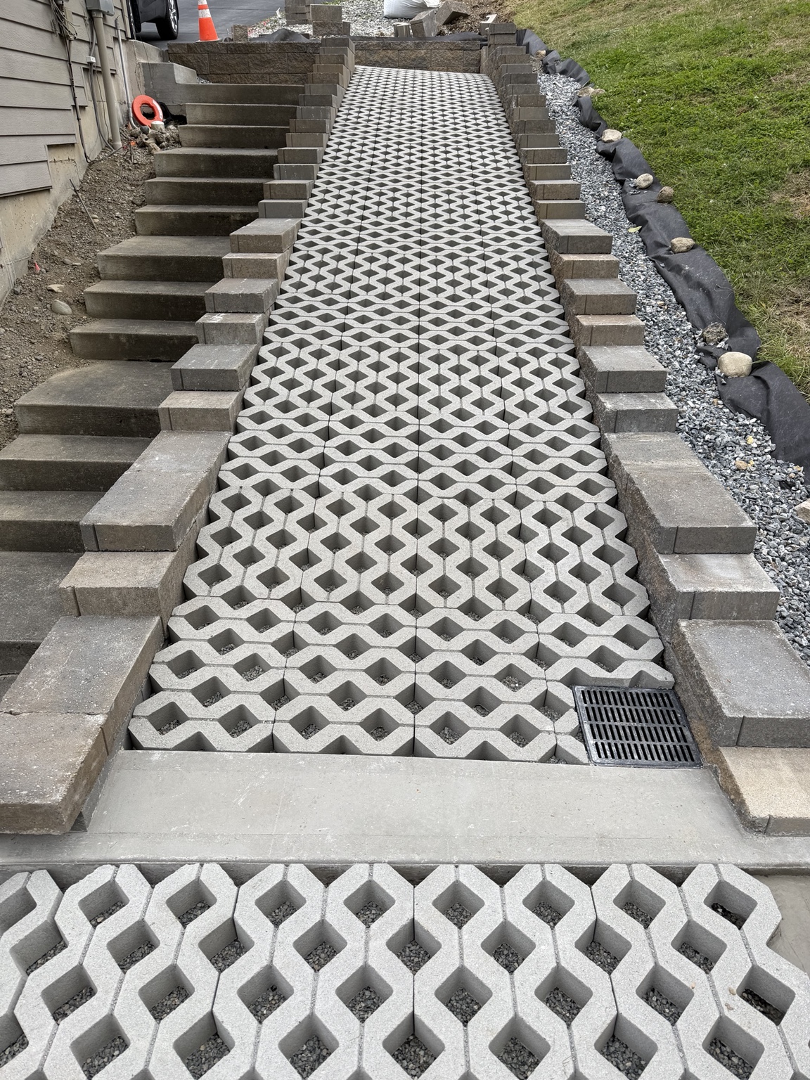 Permeable pavers with block stairs, East King County, WA