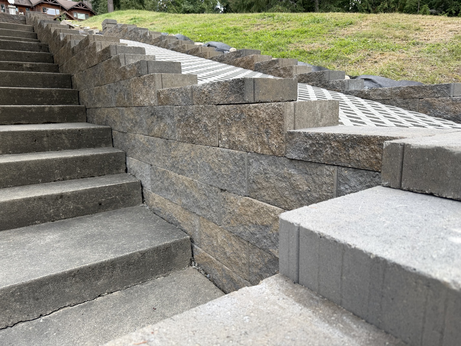 Block retaining wall with stairs, East King County, WA
