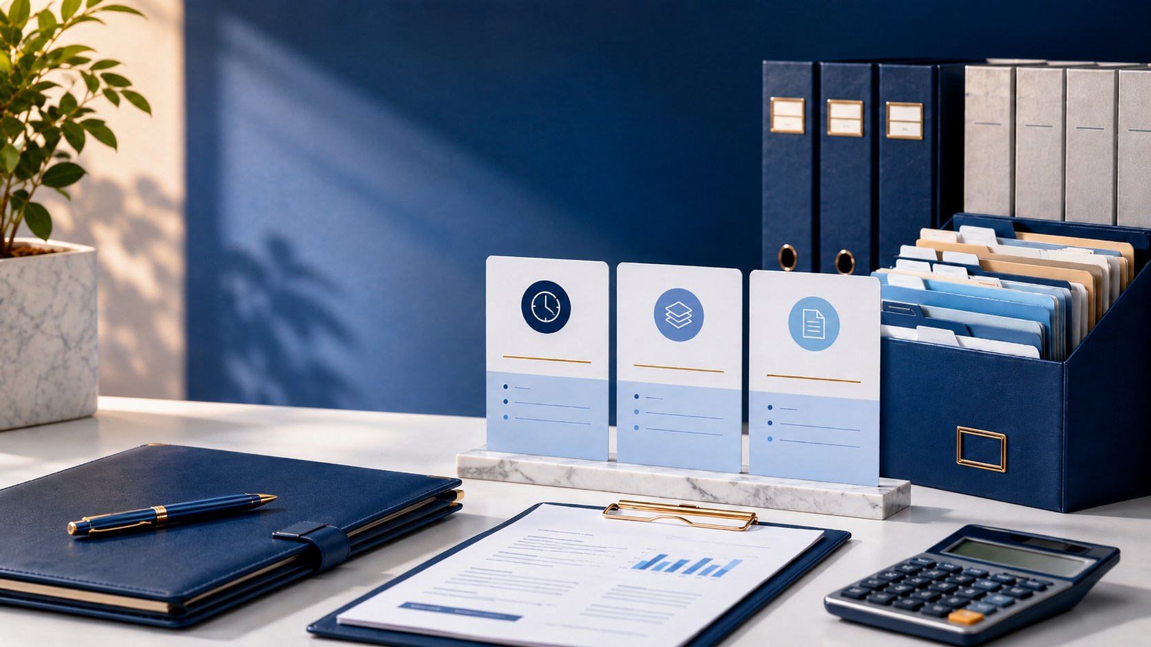 Professional legal support pricing options displayed with organized folders, documents and calculator