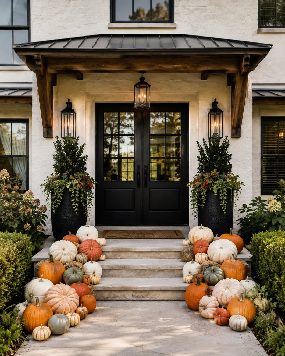 Symmetrical fall porch design with white and orange pumpkins