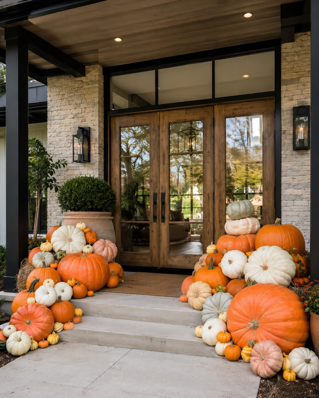 Layered heirloom pumpkin display on a stone entryway