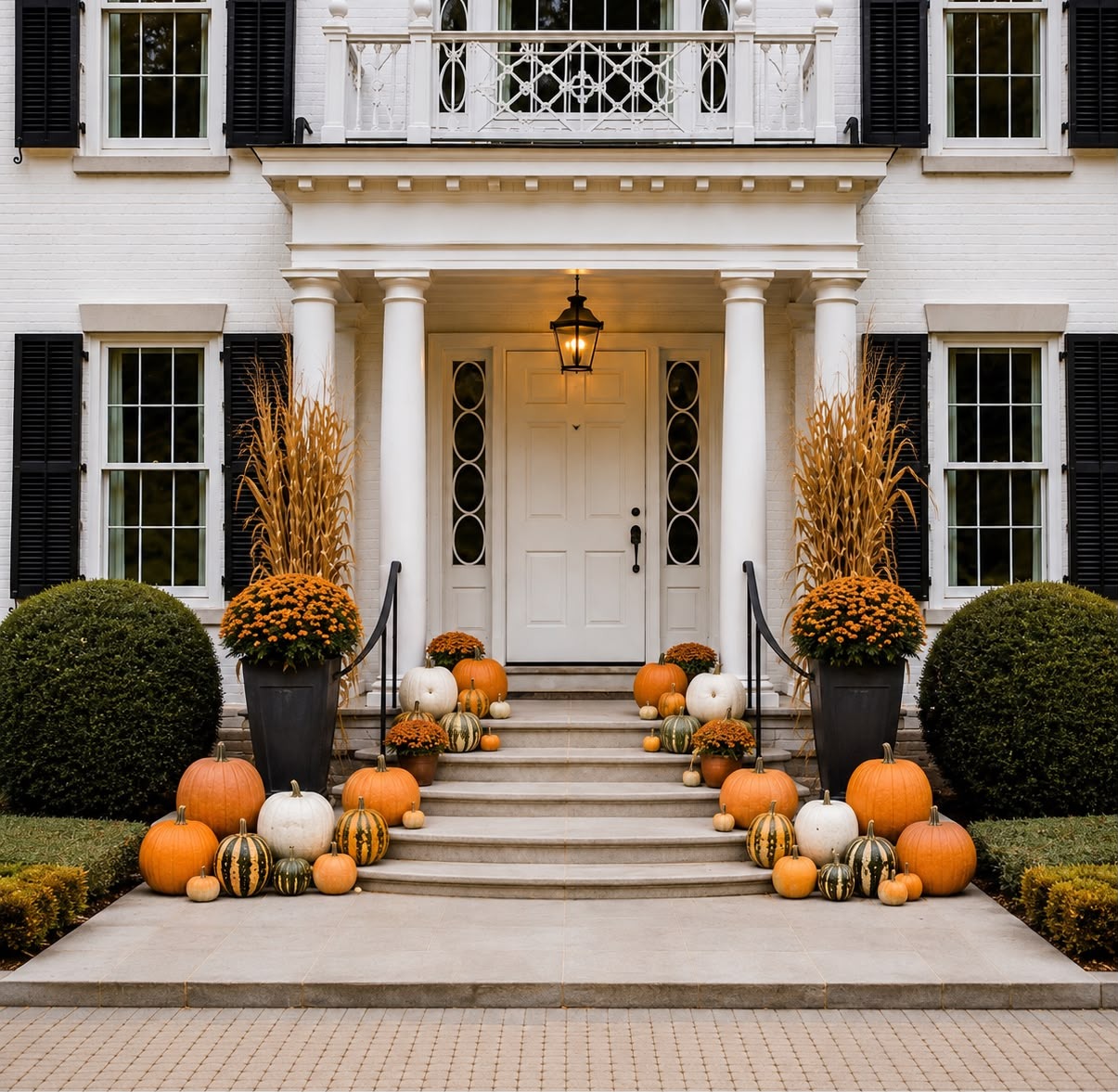 Classic Autumn porch design with pumpkins and mums