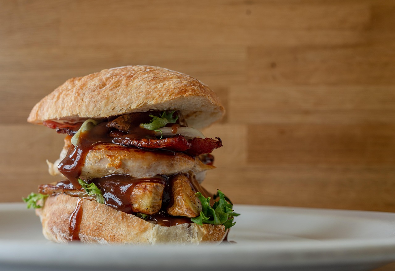 gourmet burger on plate at restaurant offer for promotion special pricing