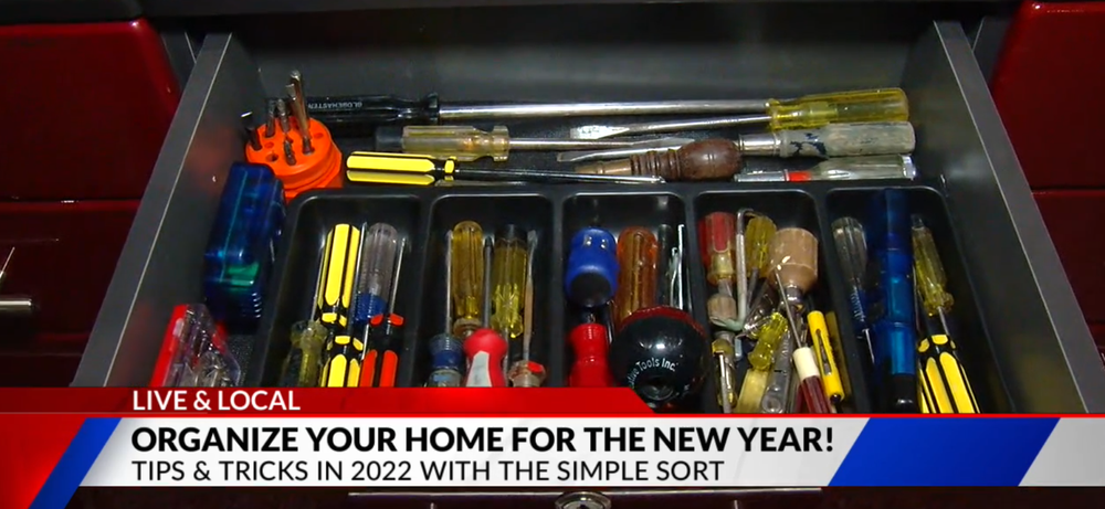 Members of The Simple Sort team featured on local news, providing expert tips for New Year's organizing. They share strategies for decluttering and setting up systems to keep homes organized throughout the year