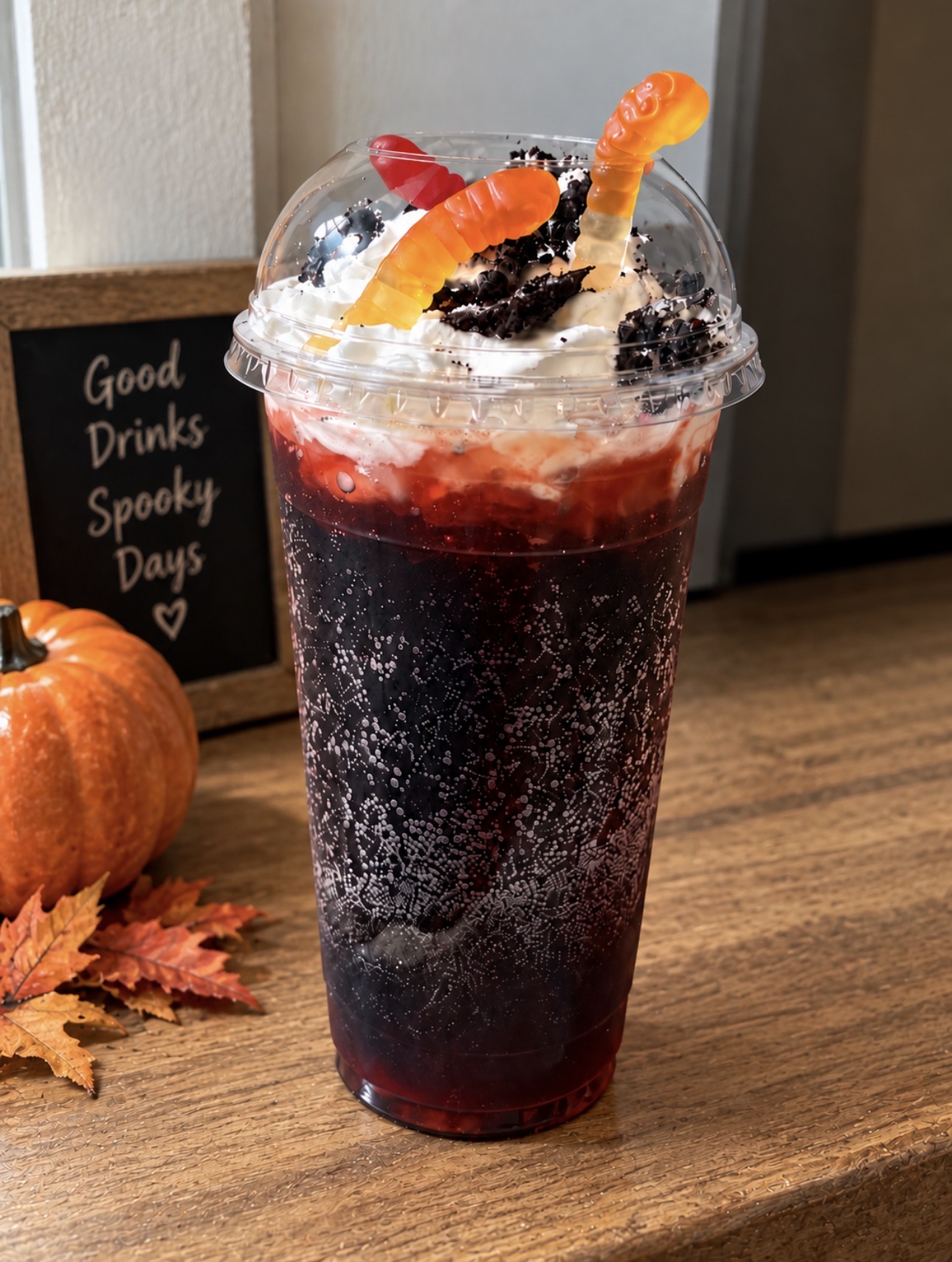 Specialty drink topped with cream and gummy candy